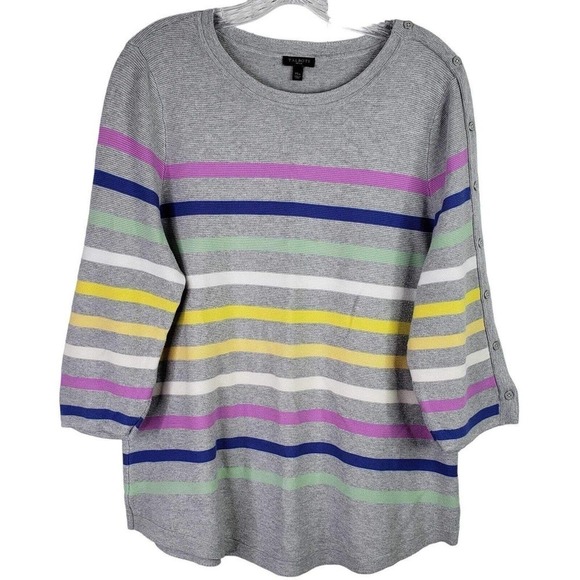 Talbots Sweater Women's XLP Gray Striped 3/4 Sleeve Sweater Cotton Rayon - Picture 2 of 7